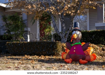 Inflatable turkey figure in the hat outdoors. Thanksgiving decoration. Traditional Thanksgiving yard decor. Turkey shape balloon