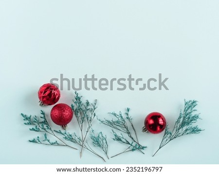 Red christmas balls and blue dried flowers on white background for copy space and celebration background.