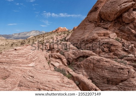 Close up view of rock formation of Aztec sandstone slickrock rock formation on the Calico Hills Tank Trail, Red Rock Canyon National Conservation Area in Mojave Desert near Las Vegas, Nevada, USA Royalty-Free Stock Photo #2352207149