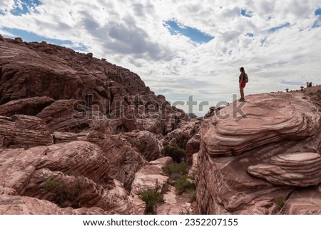 Woman standing on edge of rock formation with scenic view of limestone rock of Calico Hills near Red Rock Canyon National Conservation Area, Mojave Desert, Las Vegas, Nevada, USA. remote hiking trail Royalty-Free Stock Photo #2352207155