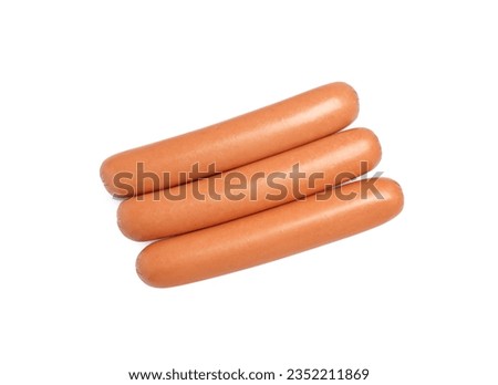Fresh raw sausages isolated on white, top view. Ingredients for hot dogs Royalty-Free Stock Photo #2352211869