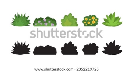 Set of cartoon bushes in flat style. Collection green plants and black silhouettes, isolated on white background. Elements of natural flora. Different type of shrubs with flowers. Vector illustration Royalty-Free Stock Photo #2352219725