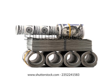 Conceptual plot about the profit of the military-industrial complex with a tank made from american dollars Royalty-Free Stock Photo #2352241583