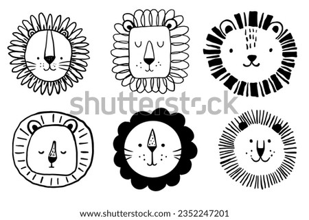 Lion heads set. Funny vector character drawing. Childrens drawing drawn black pen