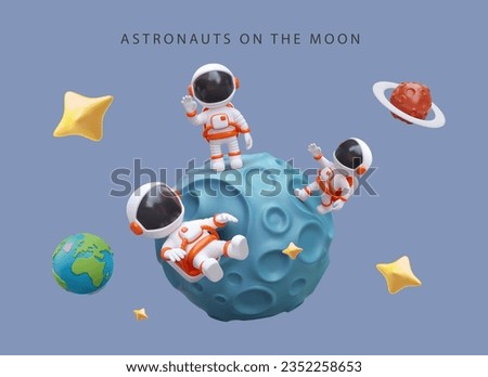 Astronauts on moon. Cosmonaut on dead planet. 3D illustration in cartoon style. Earth, planets, stars, space. Landing on Earth satellite. Place for text Royalty-Free Stock Photo #2352258653