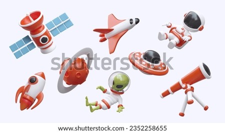 Set of realistic space objects in cartoon style. Color spaceship, rocket, UFO, and satellite, telescope, planet and astronaut, alien. Cute illustrations for application, website, game Royalty-Free Stock Photo #2352258655