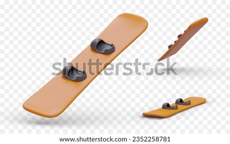 Set of realistic boards for snowboarding. Deck with binding foot pads. View from top, side, bottom. Color isolated vector illustration. Equipment for winter sports Royalty-Free Stock Photo #2352258781