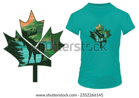 Silhouette of a moose near a lake in jungle. Vector illustration leaf shape nature for tshirt, website, print, clip art, poster and print on demand merchandise.