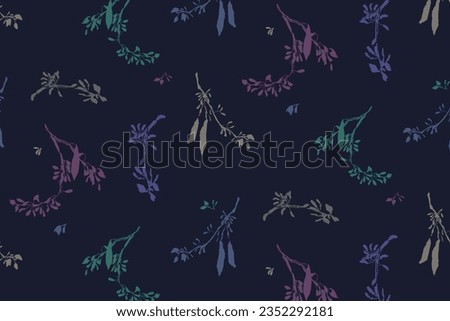 Dark liberty-style plant pattern of colorful acacia branches with pods on dark blue backdrop. Vintage hand painted blossom background for textile and wallpaper.
