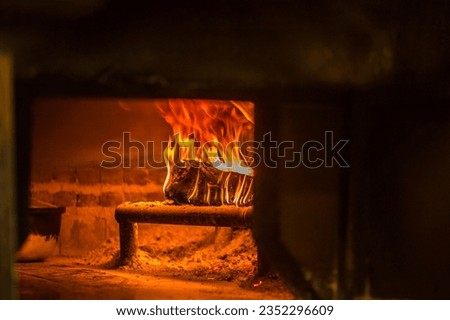 An image of a burning fireplace. Fire coming out of the oven, burning fireplace in dark shot