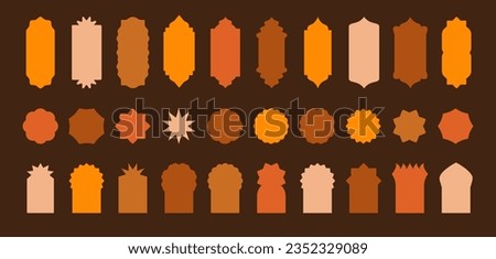 Vector set of flat mosque gates, doors and windows. Oriental style Islamic arches, labels, logo templates. Morocco inspired simple shapes. Indian architecture icons. Muslim frames. Lantern shapes