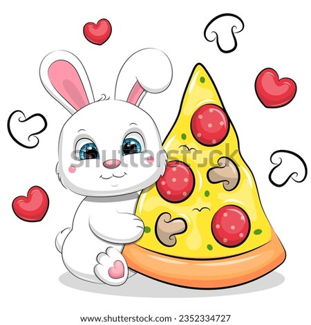Cute cartoon white rabbit with a big piece of pizza. Vector illustration of animal on a white background with red hearts and mushrooms.
