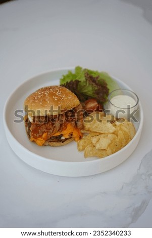 Beef Burger with Eggs Cheese Potato Crispy and Vegetable