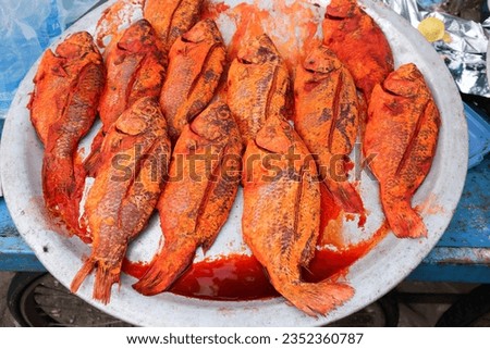 Mysuru, Karnataka, India-July 13 2022; A Close up picture of Fresh water raw fish garnished with red chili pepper and garam masala paste before deep frying at a street food joint in Mysuru, India.