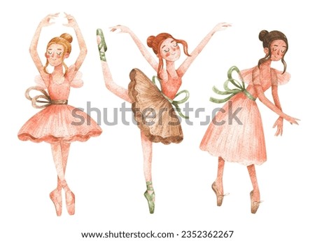 Hand-drawn illustrations of ballerina girls in pink dresses in different ballet positions. Watercolor set of cartoon ballet dancers