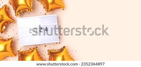 Banner with 2024 numbers on a beige background with place for text. Lightbox, golden stars confetti and air balloons. New Year concept.