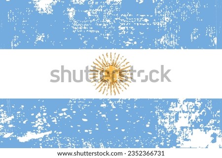 Distressed flag Argentina. Argentina flag with grunge texture. Independence Day. Banner, poster template. State flag Argentina with coat arms. Drawn brush flag Republic Argentina.