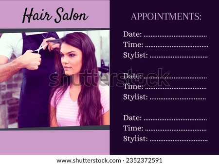 Composite of caucasian barber cutting woman hair and hair salon, appointments, date, time, stylist. Appointment card, meeting, booking, planning, schedule, template, beauty and design concept.