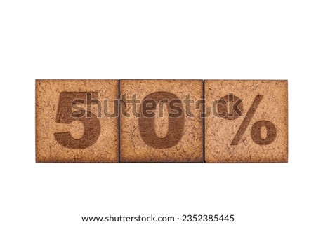 Number And Signs On Wooden Square Tiles On White Background; Number Fifty, And Percentage Sign.