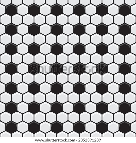 Vector square seamless pattern of classic soccer ball with black and gray hexagons with dark gray and white tips.