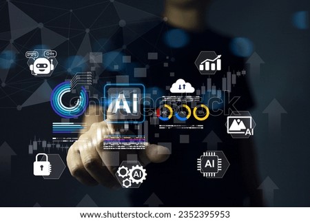 Men in black hand pointing on AI to command search business information, create photo, work in factory industry instead of human or interact with customer service as chatbot and cyber security guard