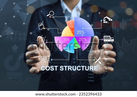 Businessman or entrepreneur holding analysis cost structure on pie chart include factor such as production, staffing, employee, maintenance transportation and advertising. Analytic tools.