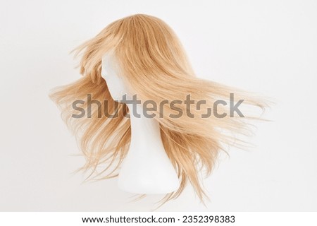 Natural looking blonde wig on white mannequin head. Long hair on the plastic wig holder isolated on white background, side view

