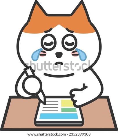 Tabby cartoon cat shed tears with tablet PC, vector illustration.
