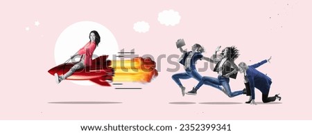 Art collage. Launch of a red rocket with a smiling business woman. Successful defeat competition concept. competition, leading to success or business vision concept.