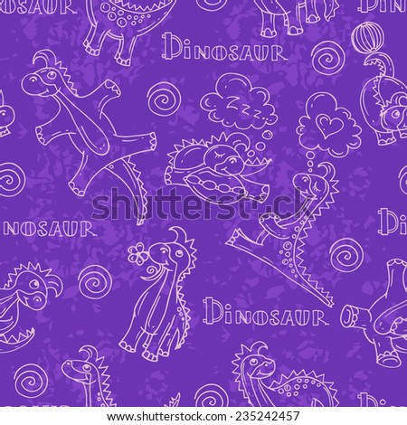 Vector seamless pattern with cartoon and funny dinosaurs on violet background. Background for use in design, web site, packing, textile, fabric