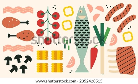 Collection of barbecue meat, chicken legs, sausages, vegetables, roasted steak, fish and mushrooms. Set of food for bbq party or summer picnic. Flat vector illustration isolated on white.
