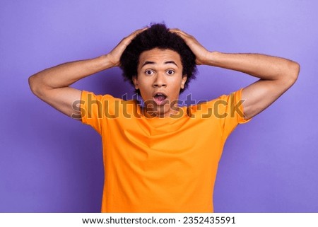 Photo of stupor young man student hipster chevelure hands head forgot his wallet at home oops speechless isolated on violet color background