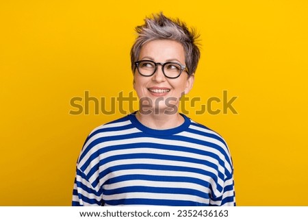 Collage of pensioner woman grey dyed short haircut looking thoughtful empty space wear trendy shirt isolated on yellow color background Royalty-Free Stock Photo #2352436163