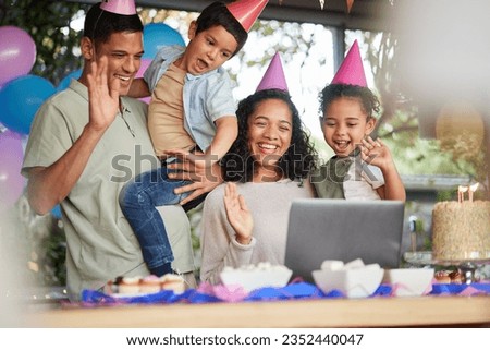 Family video call, birthday party and kids with laptop, cake or celebration for support, wave or happy in home. Child, flame and wish with contact, food and dessert with gift, hat or webinar at event