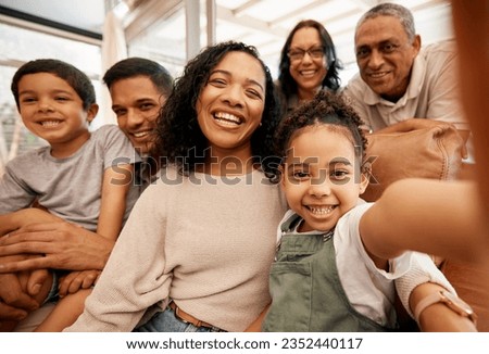 Family, selfie portrait and grandparents and children on sofa for happy holiday, love and relax together at home. Interracial people, mother and father with kids in profile picture or photography