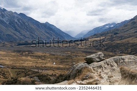Edoras (Mount Sunday), New Zealand, Lord of the Rings filming location. Top of Edoras, Helm's Deep Valley in Background Royalty-Free Stock Photo #2352446431