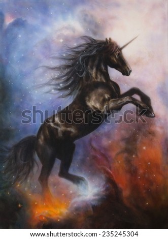 beautiful painting of a black unicorn dancing in space