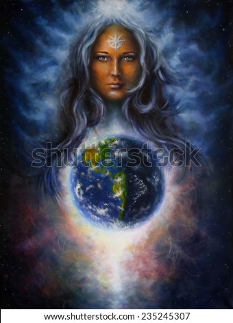 A beautiful oil painting on canvas of a woman goddess Lada as a mighty loving guardian and protective spirit upon the Earth eye cotact
