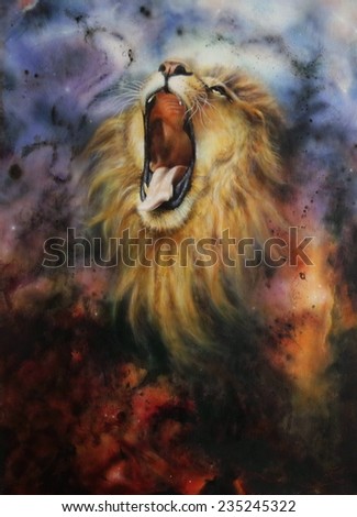 A beautiful airbrush painting of a roaring lion on a abstract cosmical background
