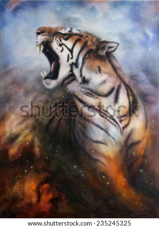 Beautiful painting of a wild roaring tiger emerging from a mystical foggy background profile portrait