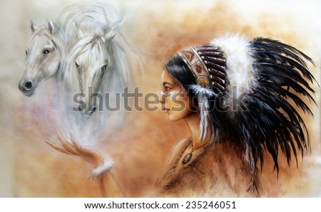 A beautiful airbrush painting of a young native indian woman wearing a gorgeous feather headdress, with an image of two white horse spirits hovering above her palm profile portrait eye contact