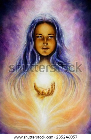 A beautiful oil painting on canvas of a woman goddess Lada holding a sourceful of a white light on her palm profile portrait eye contact make up artist