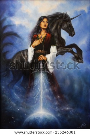 A beautiful oil painting on canvas of a young mystic woman in historic dress, holding her sword emanating a light ray tho the earth and acompanied by her mighty black unicorn
