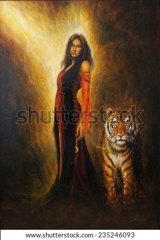 A beautiful oil painting on canvas of a mystical woman in historical dress with a mighty tiger by her side