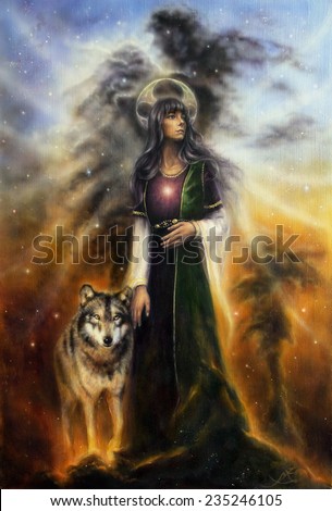 A beautiful oil painting on canvas of a mystical fairy priestess with a wolf by her side
profile portrait 