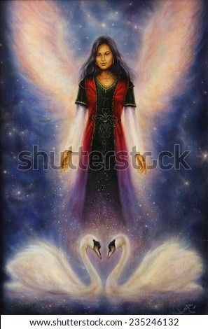 Beautiful oil painting of a angel woman with radiant wings and a pair of swans on canvas