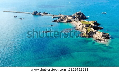 An aerial view of Jersey island country - the largest of the Channel Islands Royalty-Free Stock Photo #2352462231