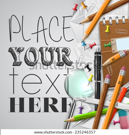 Office or school stuffs and items on white background, vector