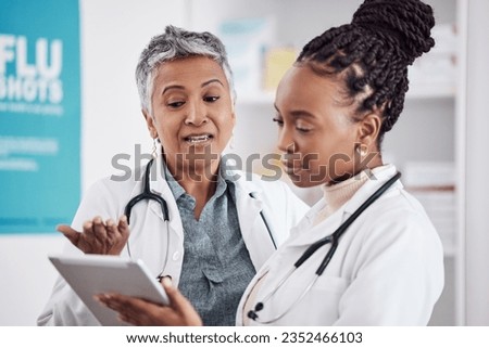 Doctors, mentor and student with tablet and healthcare, women medical professional team and hospital dispensary. Pharmacy, health and digital schedule, collaboration and tech with drugs and medicine