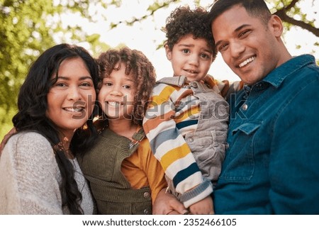 Park, portrait and happy kids, mother or father smile for green woods, morning walk and bond in wellness garden. Natural forest, family happiness or face of children, mama and papa together in Mexico Royalty-Free Stock Photo #2352466105